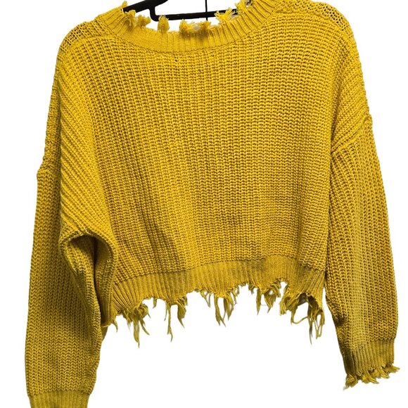 EUC ZAFUL BOLD MUSTARD YELLOW KNITTED CROPPED FRINGED HEM PULLOVER SWEATER OSFM - Picture 2 of 8